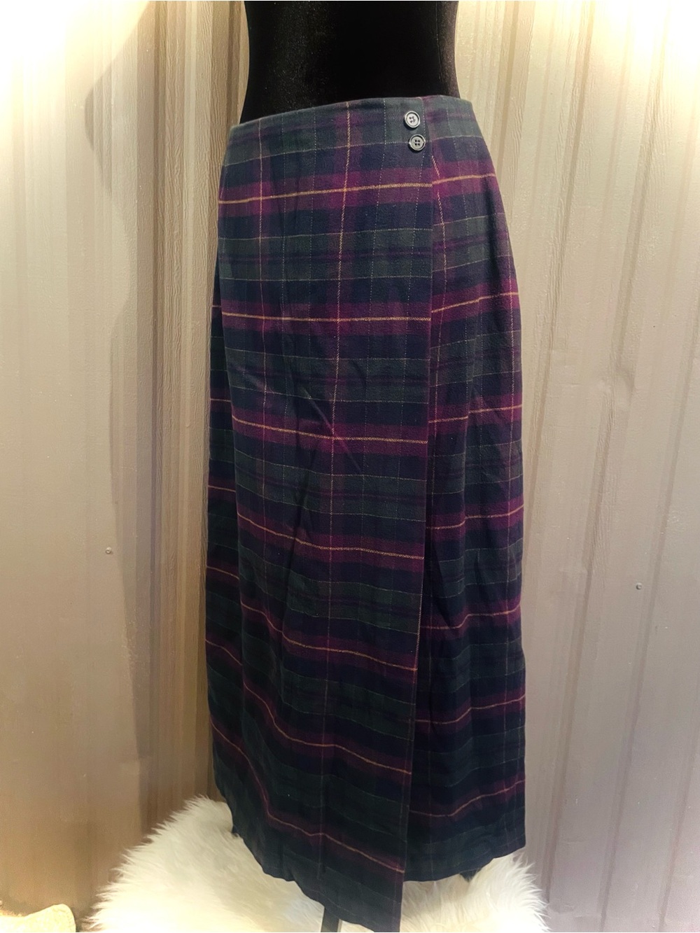 VTG Talbots Long Faux Wrap Skirt Green Purple Plaid Flannel Maxi sz 12